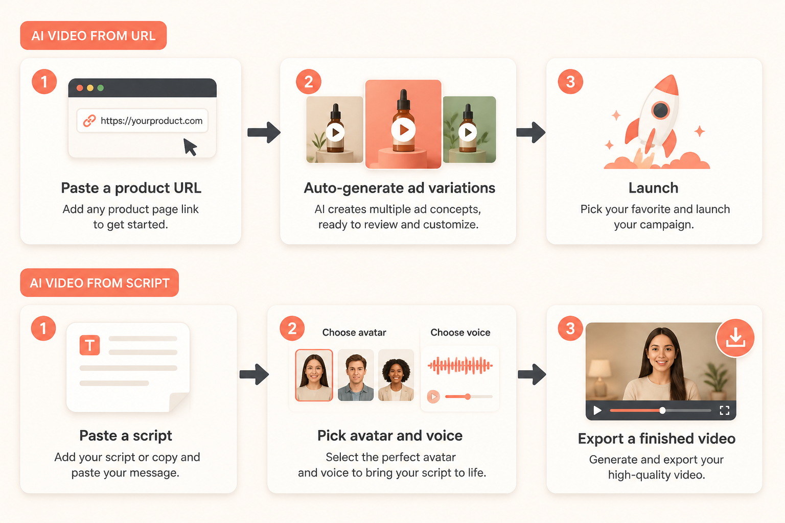 two starting workflows: paste a url for ads versus paste a script for video