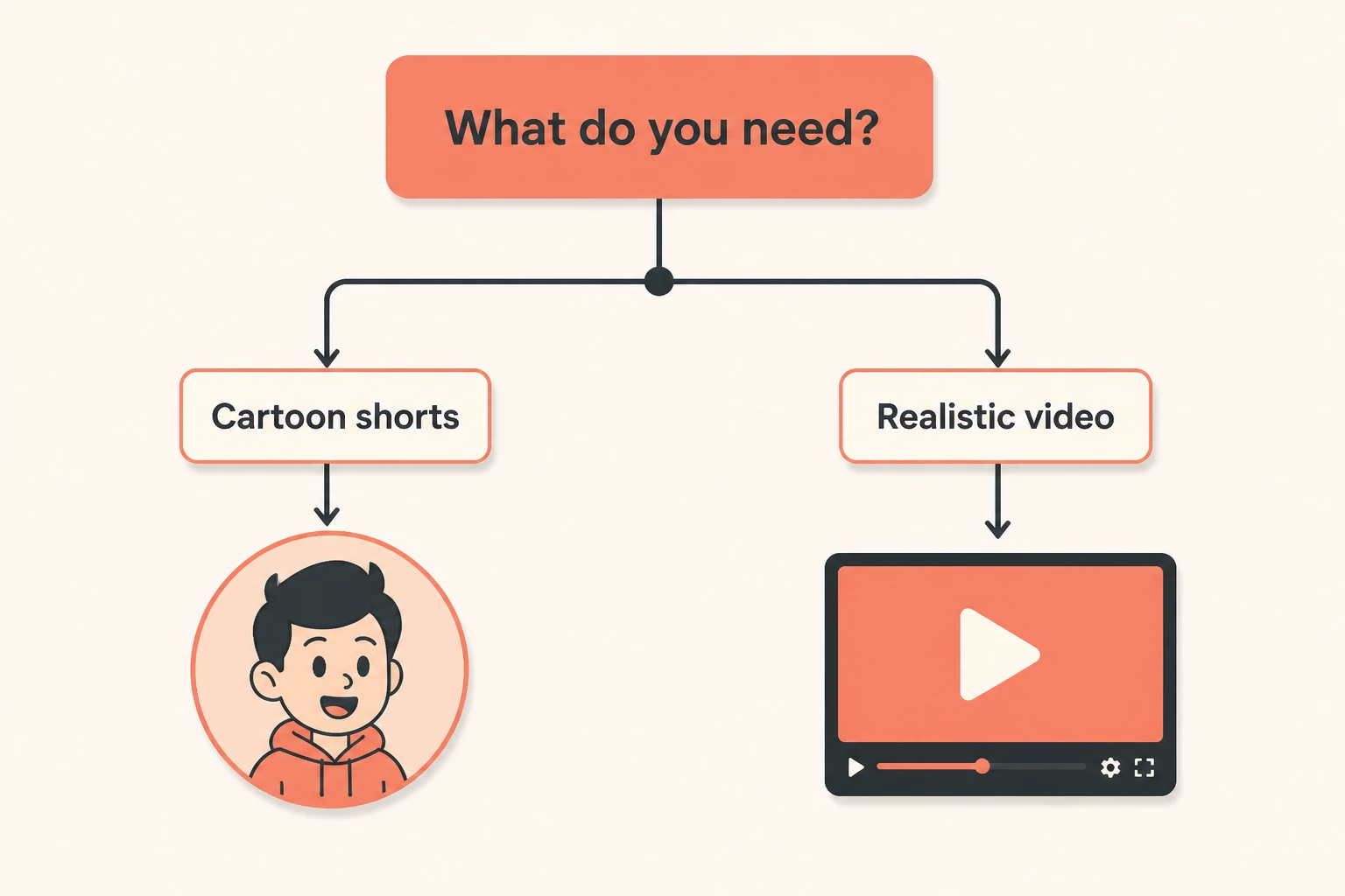decision tree: cartoon shorts to Frameo, broadcast video to Lumigen