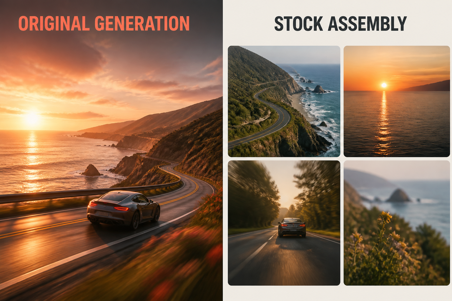 Split-frame head-to-head: original generation vs stock-library assembly