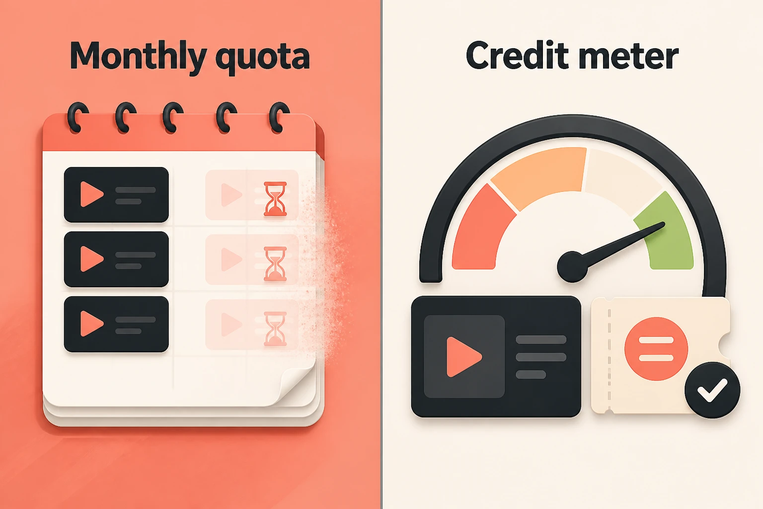 Expiring monthly video quota versus transparent per-video credit meter