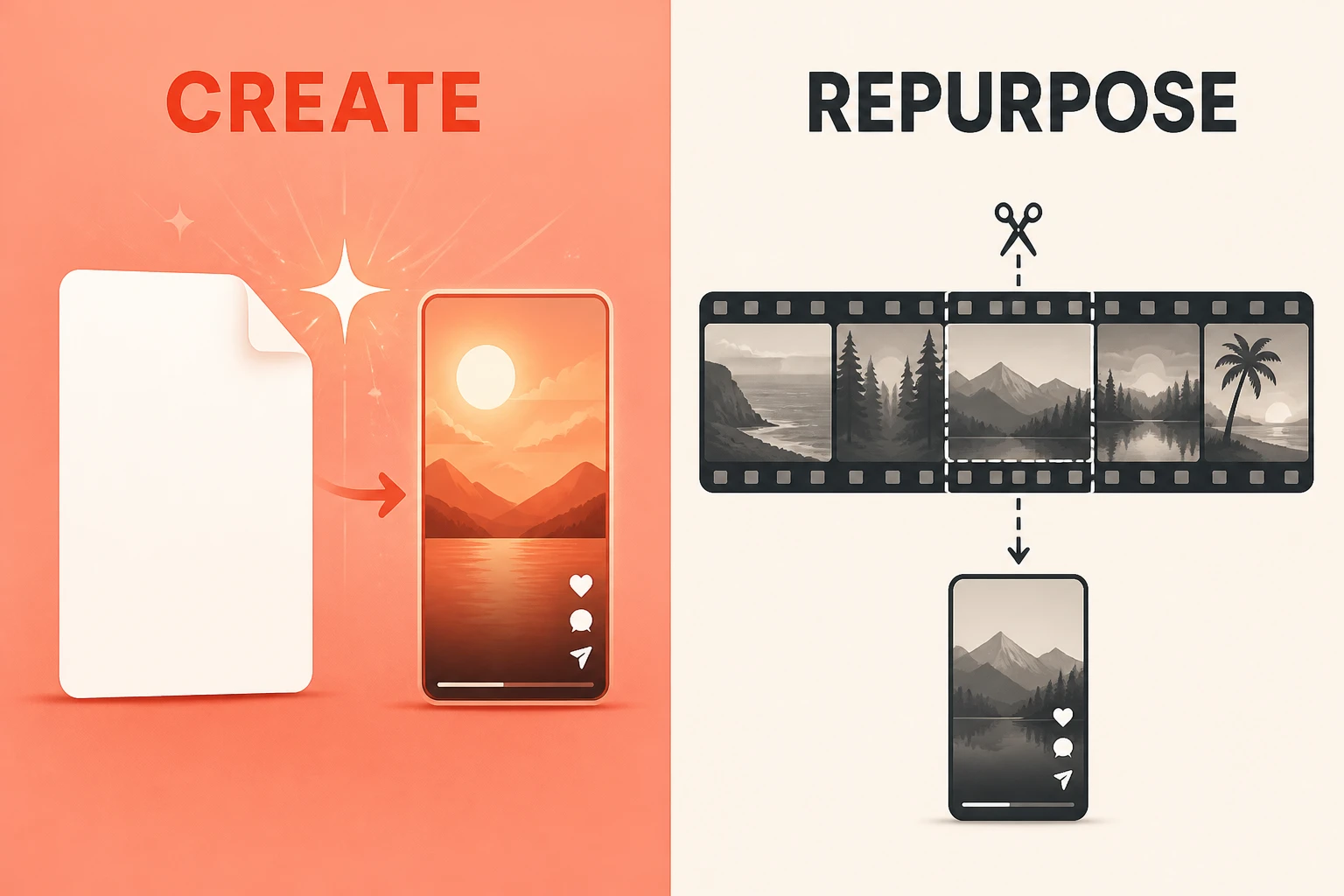 Split-frame showing a blank page becoming a new video on one side and a long video being sliced into a clip on the other