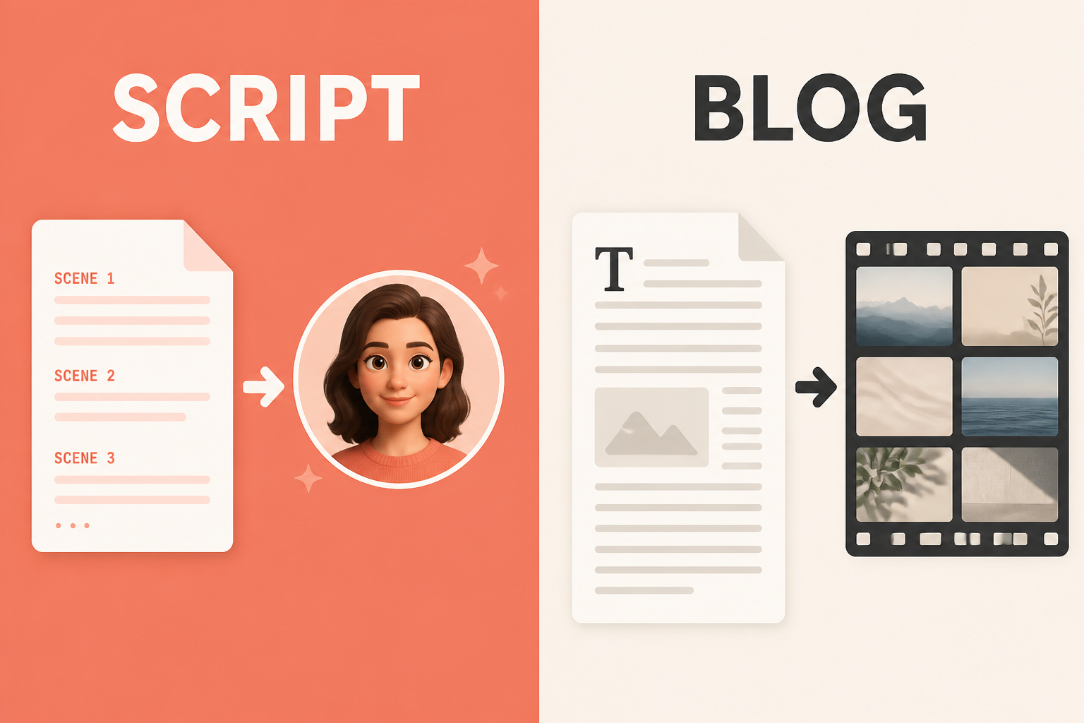 Split-frame comparing script-to-video input vs blog-URL-to-video input