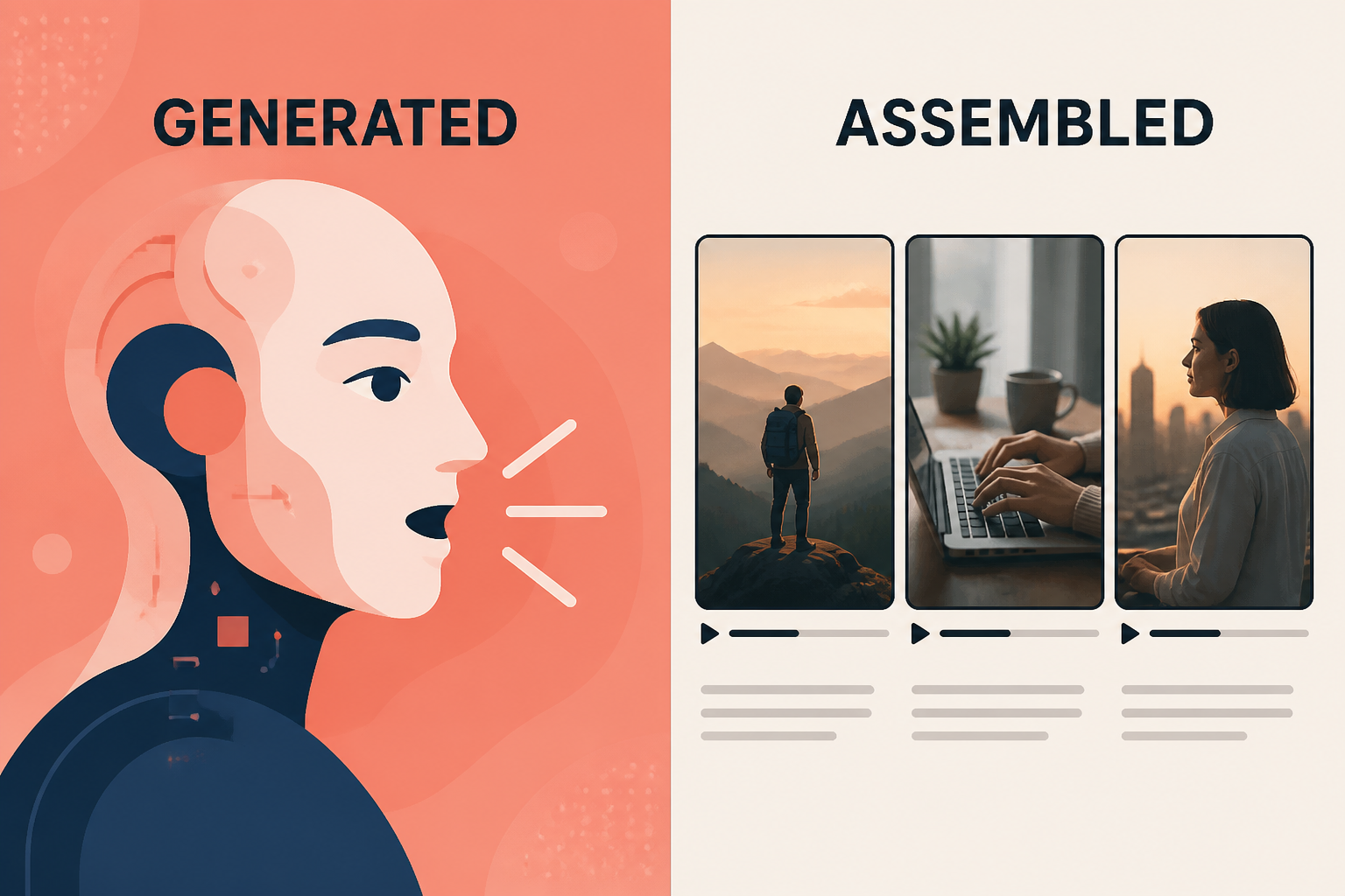 Split-frame comparing generated avatar output vs assembled stock-footage output