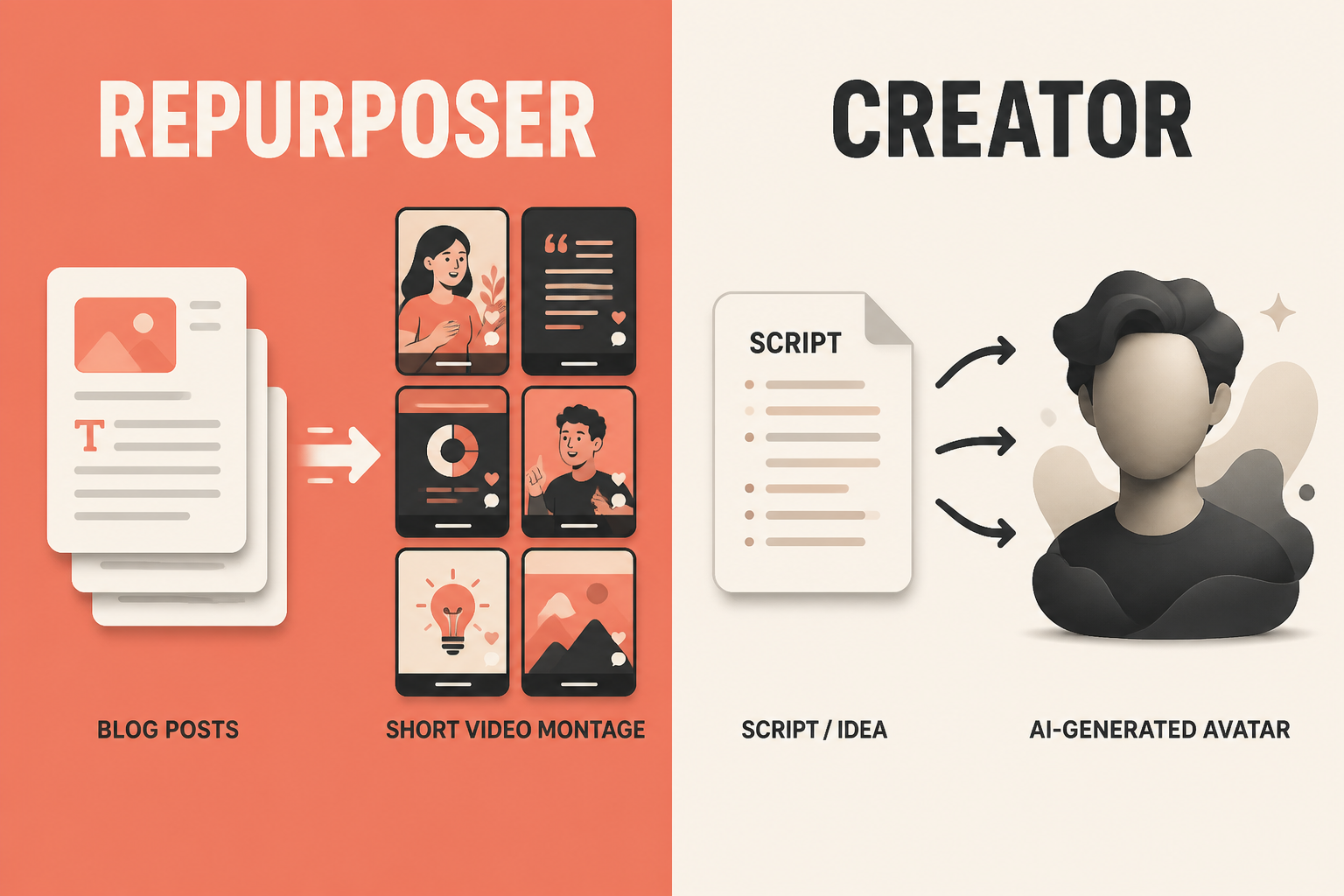 Split-frame contrasting the repurposer user profile vs the creator user profile