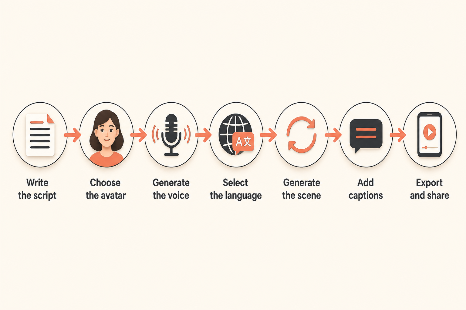 Seven-step migration workflow: script, avatar, voice, multilingual, re-roll, captions, export
