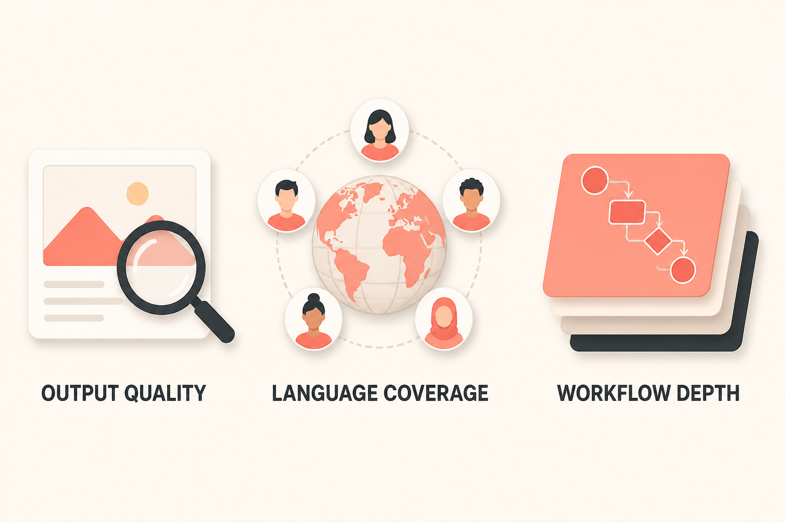 Three quality-judging signals: output quality, language coverage, workflow depth