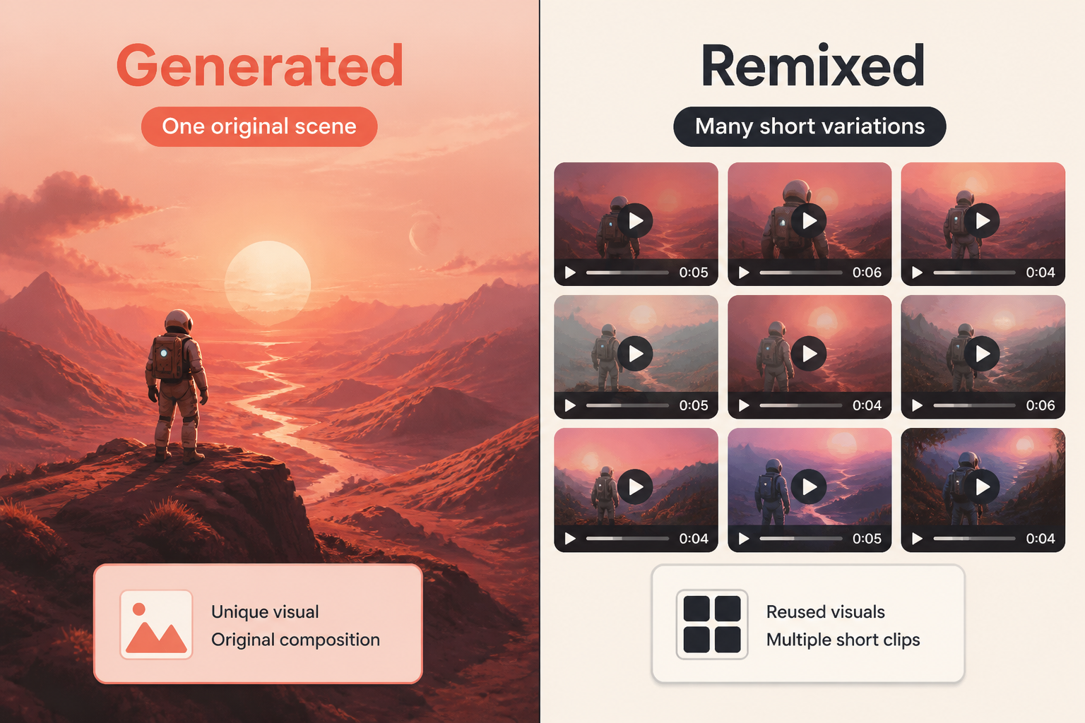 Split-frame: original generated footage versus a remixed viral-clip library.