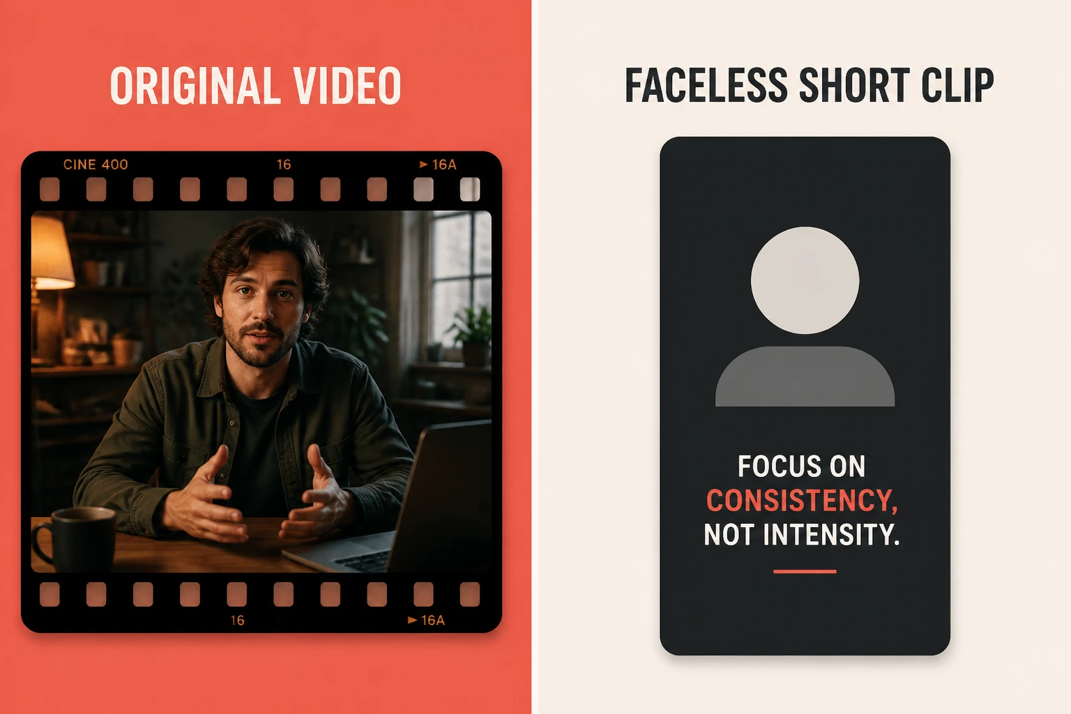 Split-frame: Lumigen broadcast-quality original video versus Short.ai budget faceless short clip