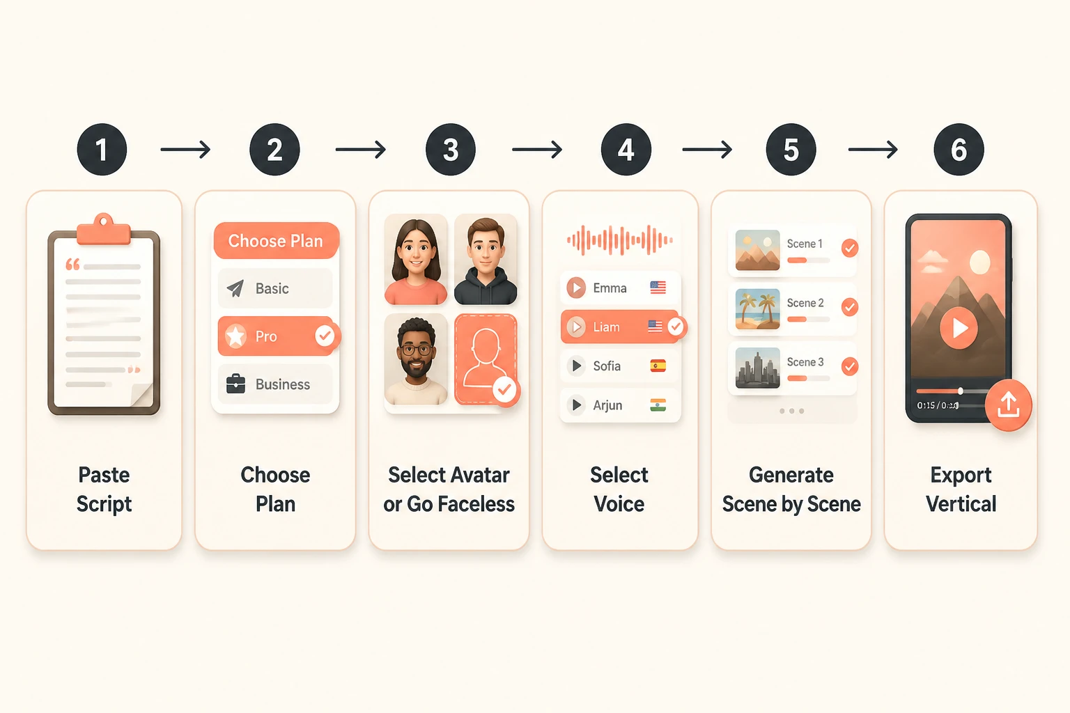 Six-step Lumigen script-to-video workflow as a flat diagram