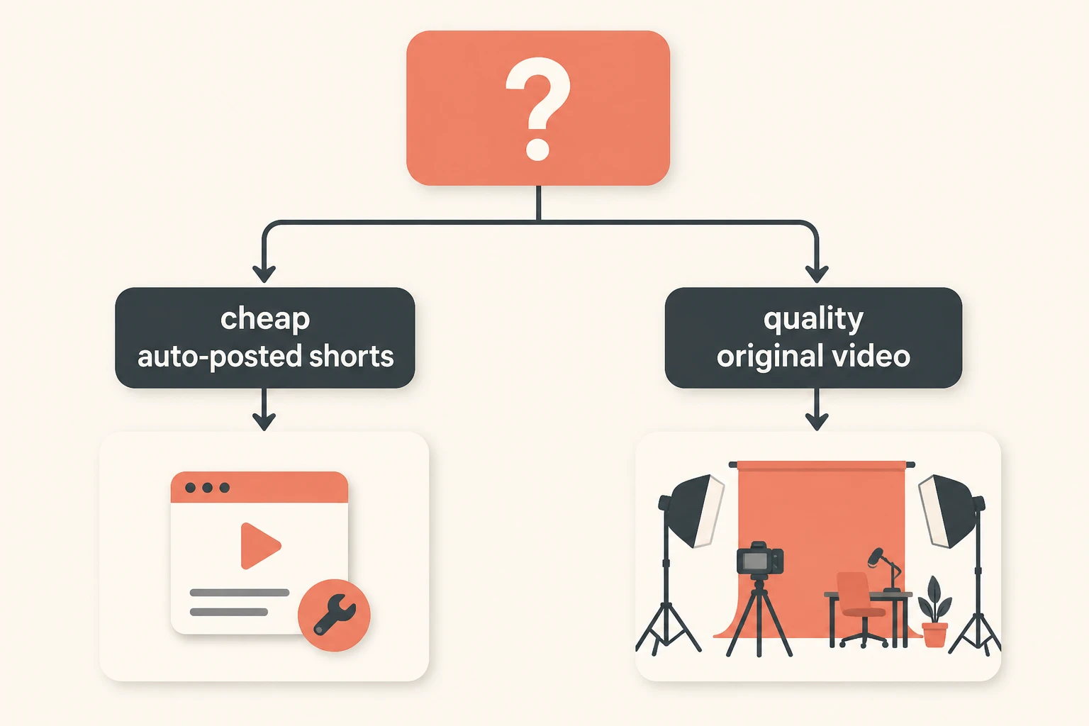 Decision tree routing cheap auto-posted shorts to Short.ai and quality original video to Lumigen