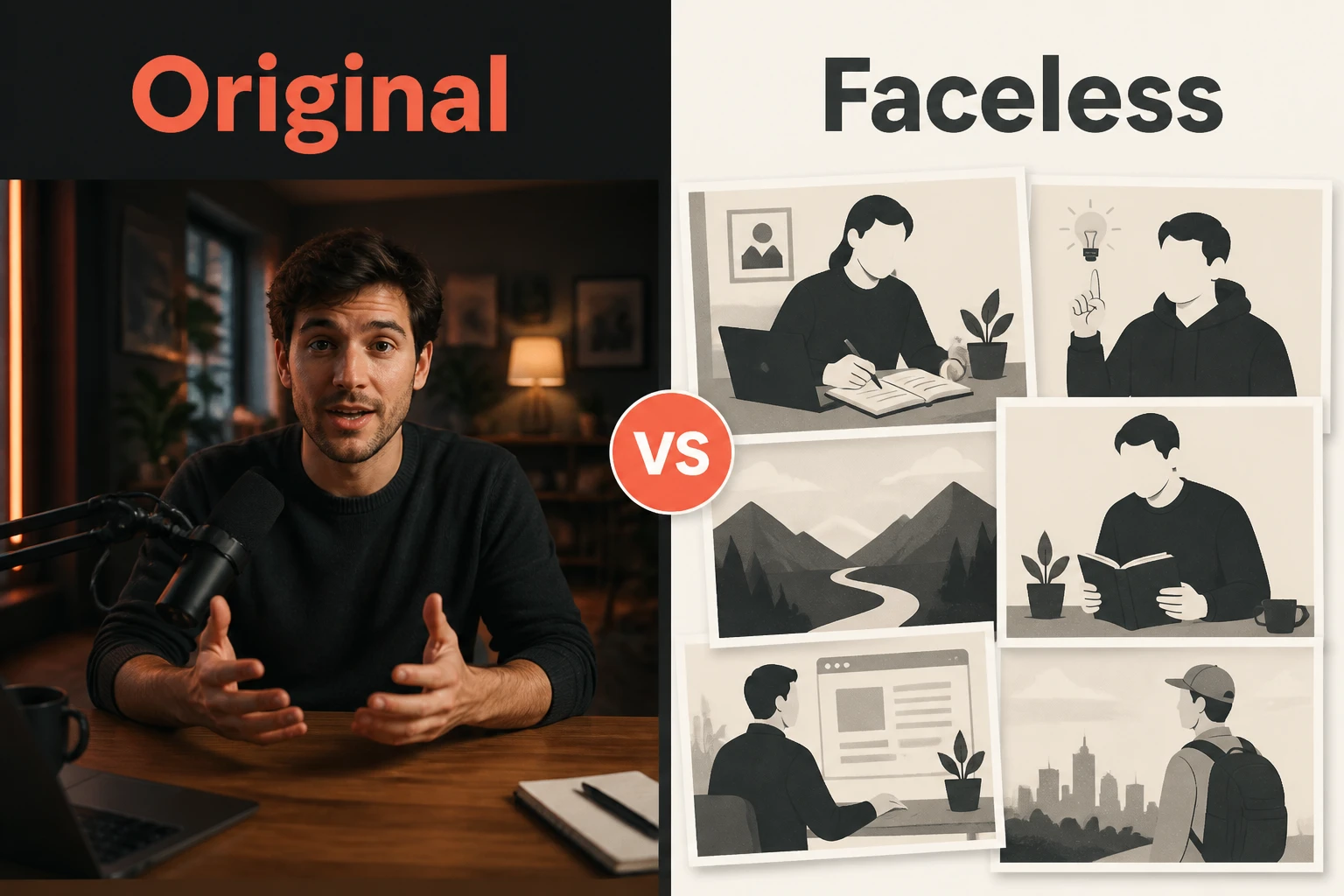split-frame: original generated video versus a faceless image slideshow