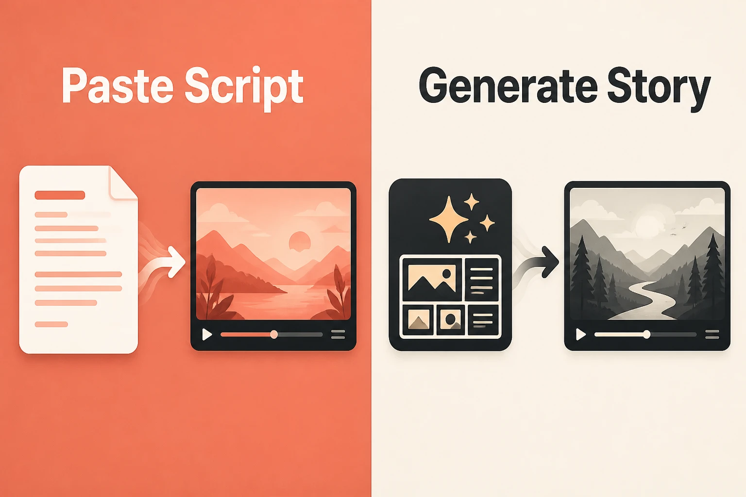 two starting workflows: paste a script for video versus generate a faceless story