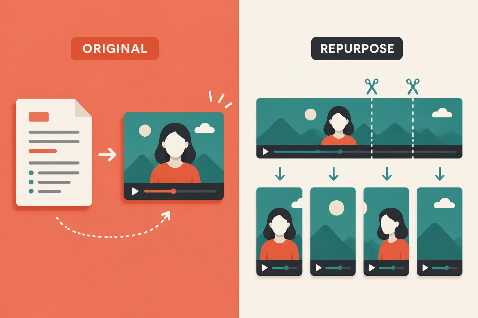 Split showing original AI video generation from a script versus repurposing a long video into short clips
