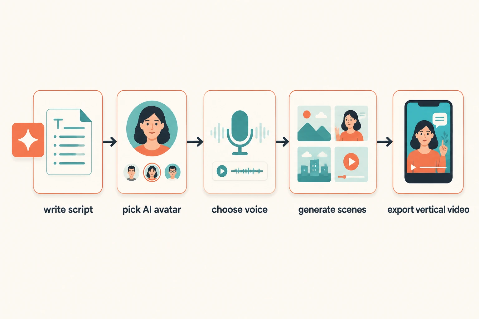 Lumigen creation workflow: write script, pick avatar, choose voice, generate scenes, export