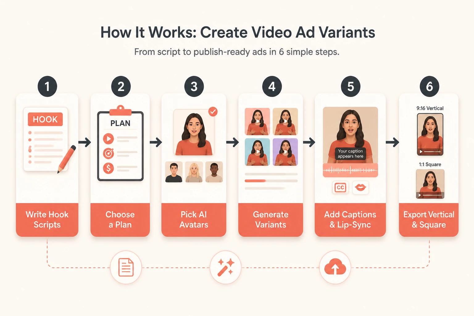 Six-step Lumigen script-to-video ad batch workflow, flat diagram
