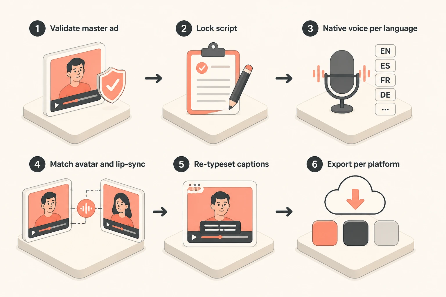 Six-step flowchart for localizing a UGC ad across markets