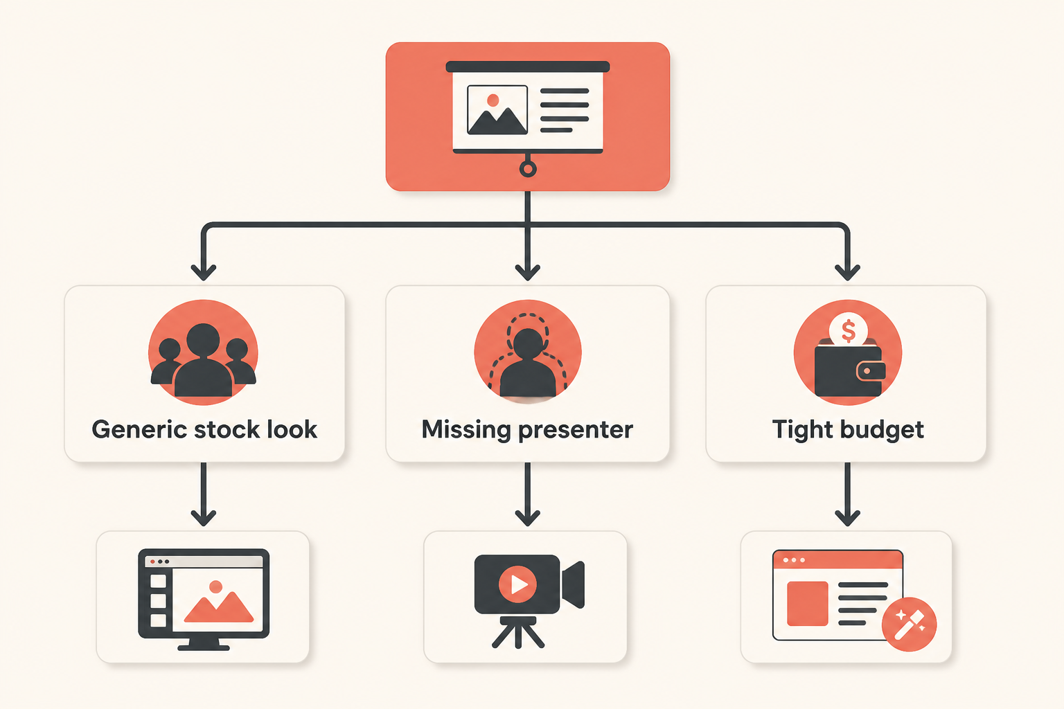 Decision tree mapping the Pictory limitation a creator hit to the right alternative tool.