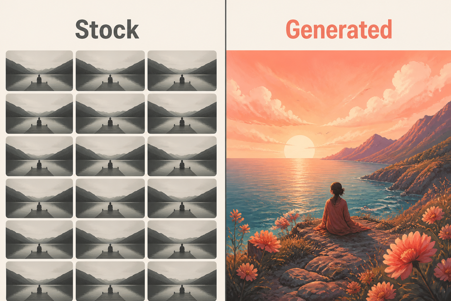Split-frame contrast: stock-clip assembly on one side, original AI-generated footage on the other.