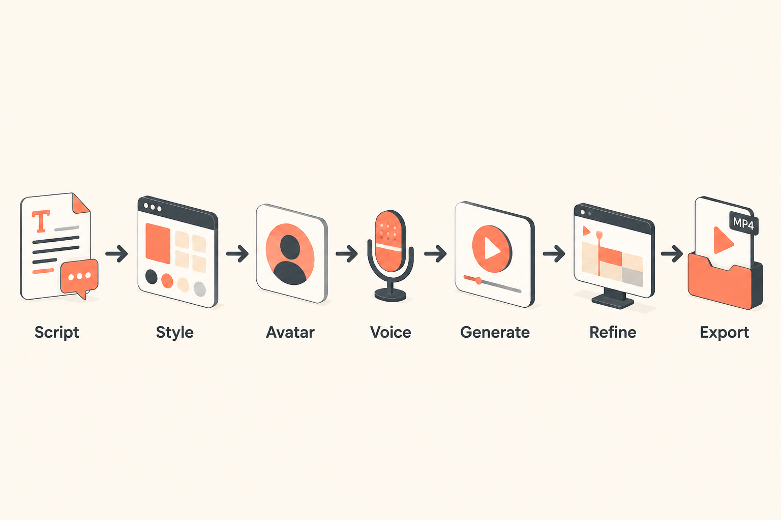 Seven-step workflow diagram: script, tier, avatar, voice, generate, refine, export.