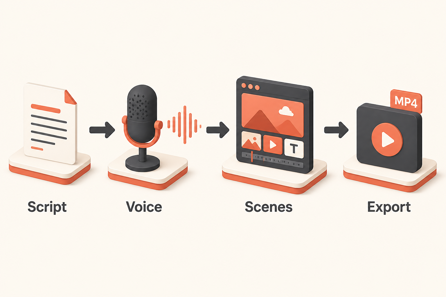 Faceless narration pipeline: script to text-to-speech voice to scene assembly to export.