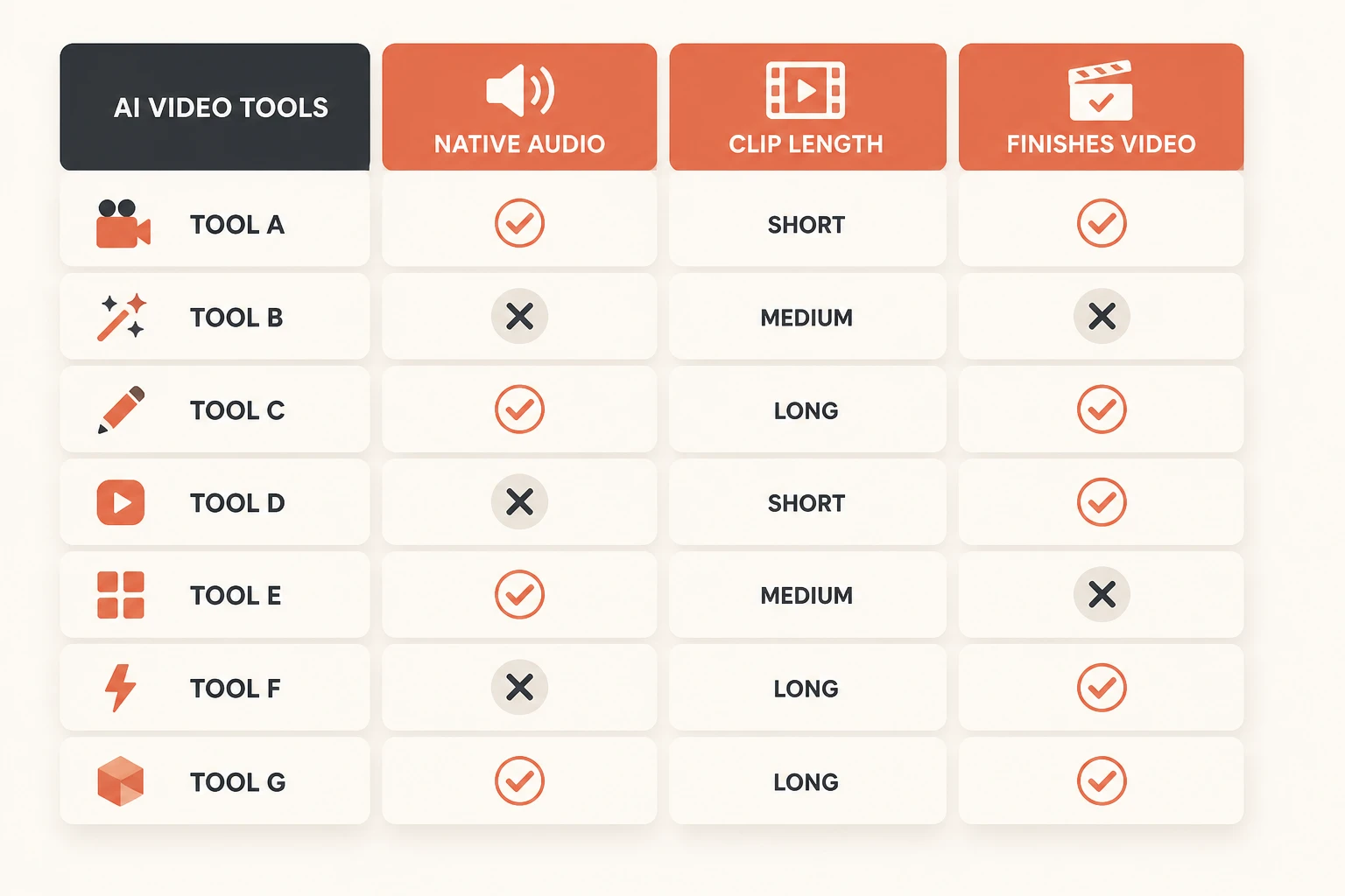 Infographic capability matrix comparing seven AI video tools on audio, clip length, and finishing