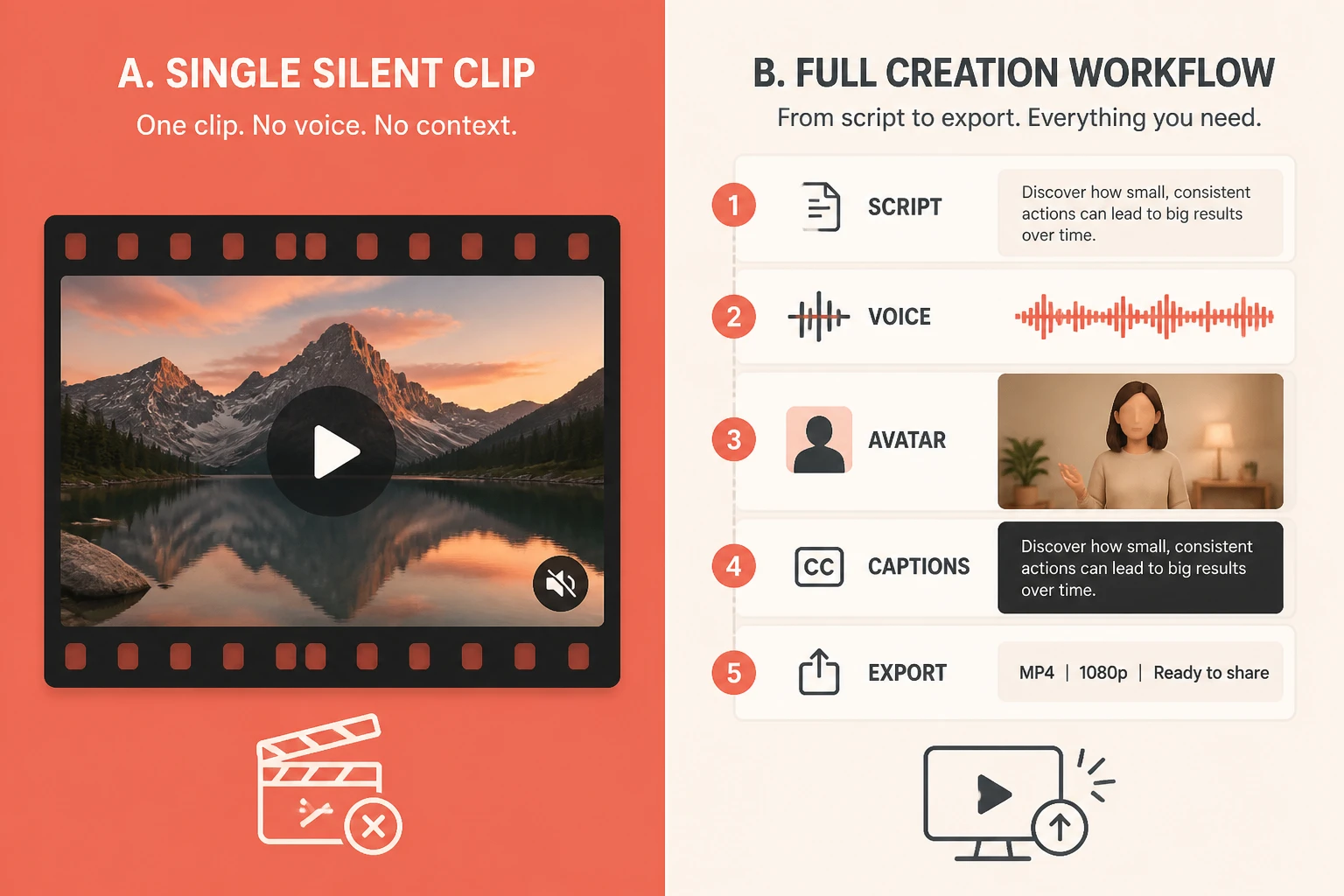 Split-frame comparison: a single stylized clip on the left versus a full finished video workflow on the right