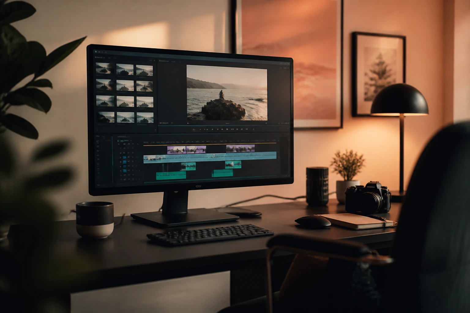 Editorial workspace shot with a cinematic video timeline and footage thumbnails on screen