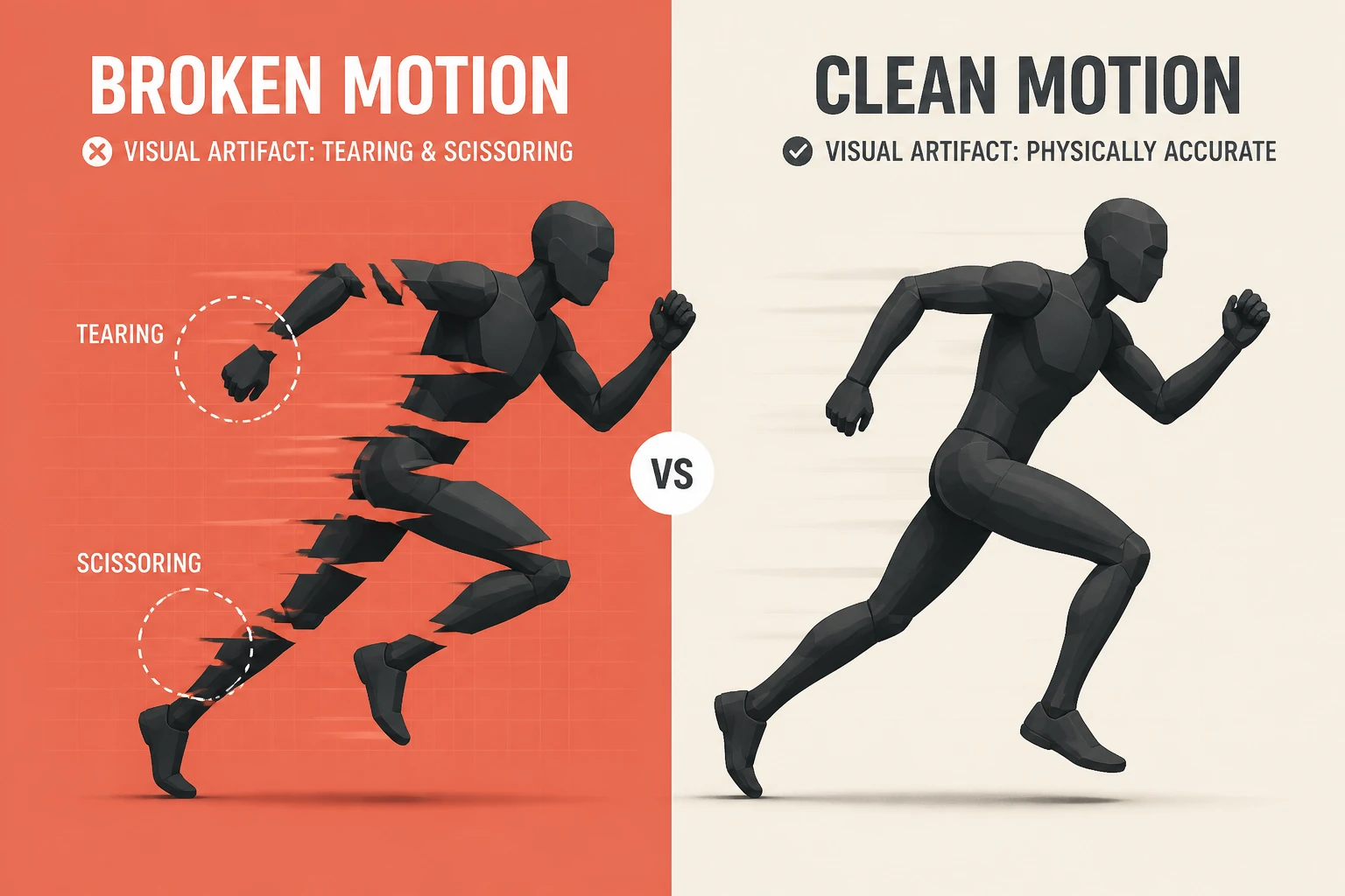 Split-frame contrasting tearing limbs in fast motion on one side and clean physically accurate motion on the other
