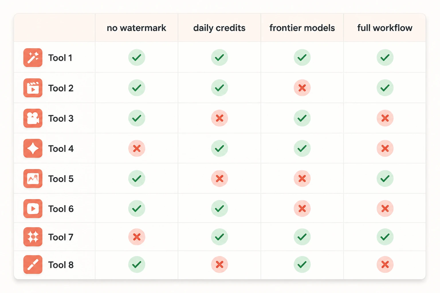 comparison of eight free prompt to video tools with feature columns