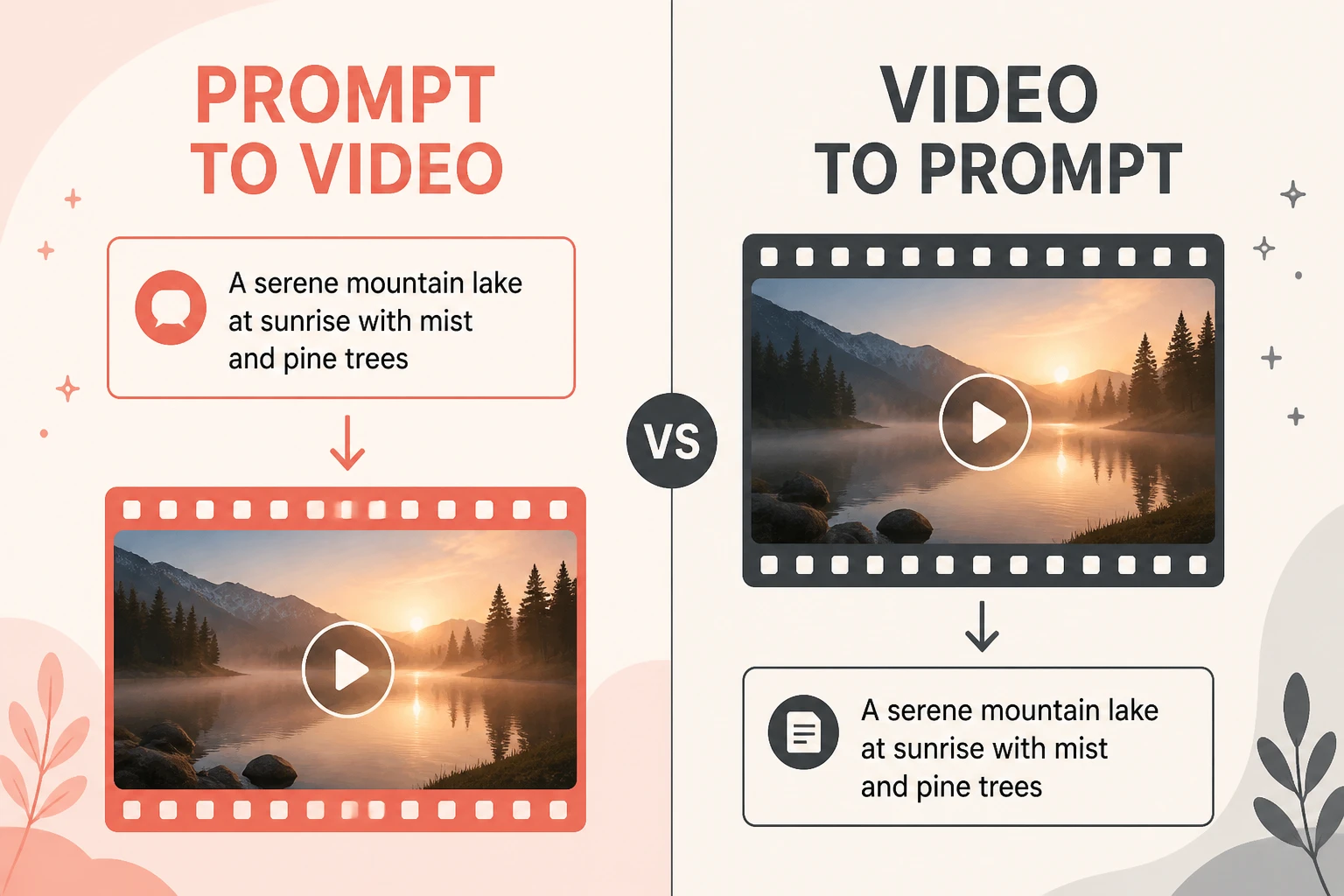 split frame showing prompt to video generation versus video to prompt extraction