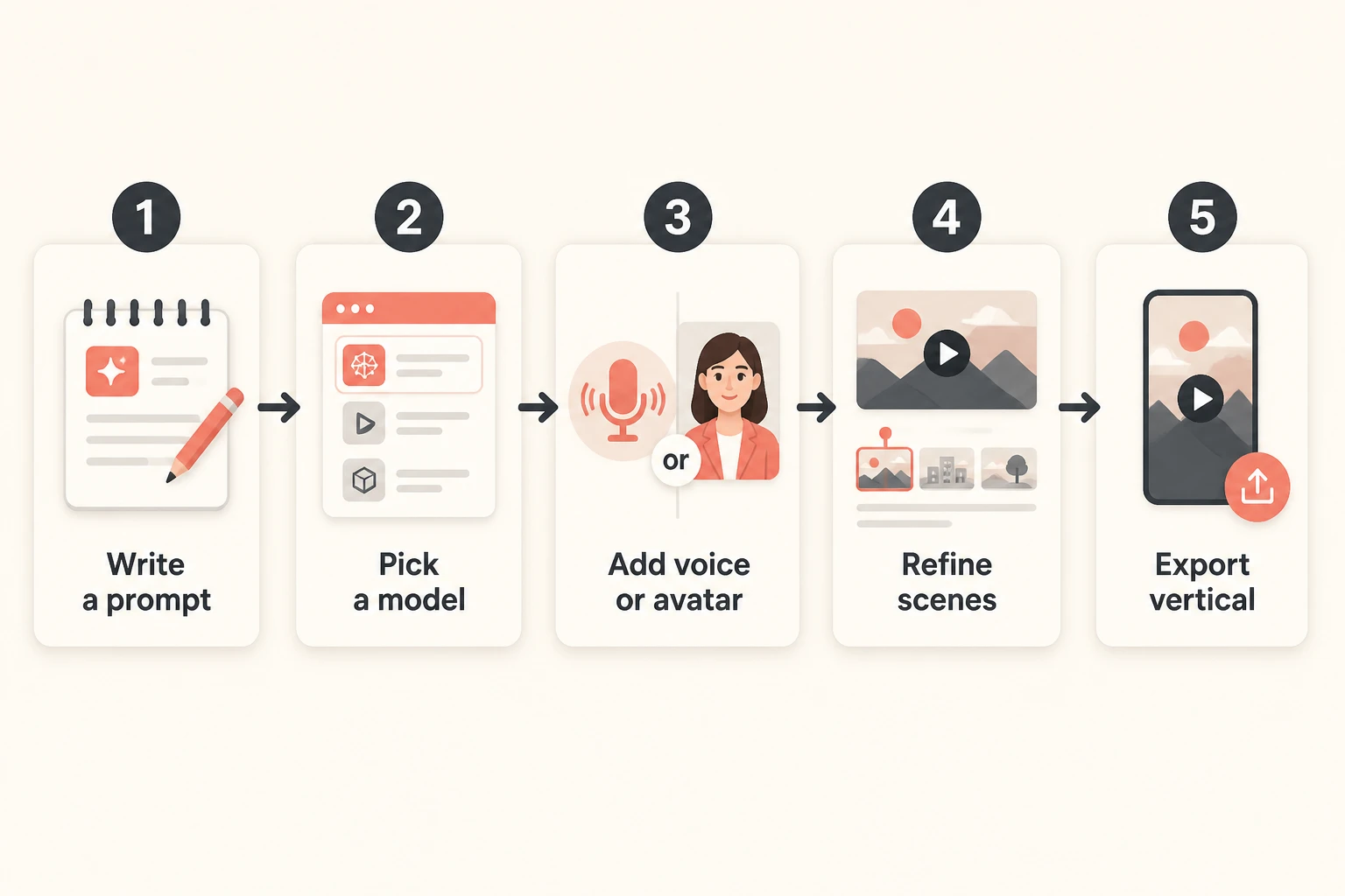 workflow diagram of prompt to finished video in five steps