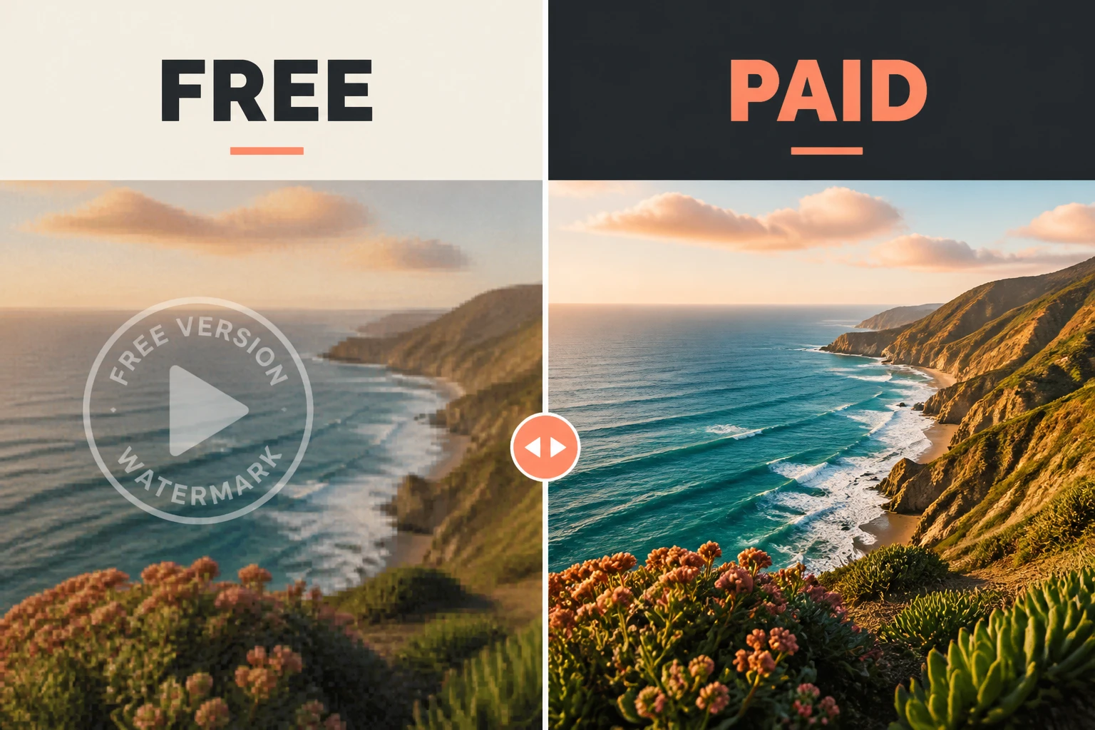 split frame comparing a watermarked free export with a clean paid export