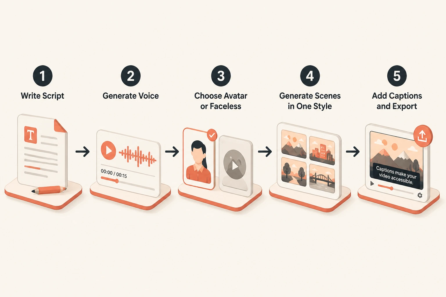 Workflow diagram from script through voice, avatar, generation, captions, to export