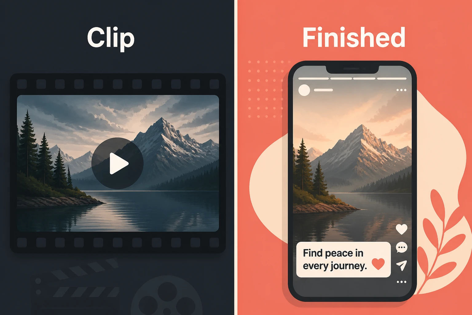 Split-frame comparing a premium cinematic generated frame with a finished captioned video