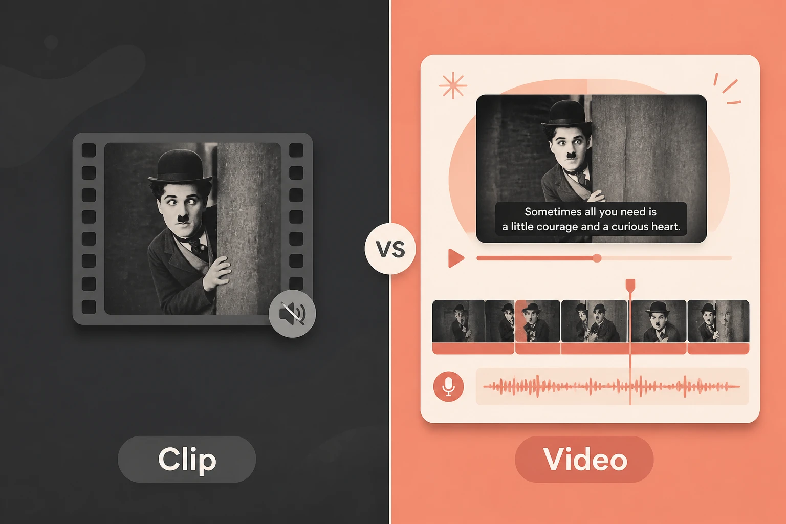 Split-frame contrasting a single silent clip with a finished captioned social video
