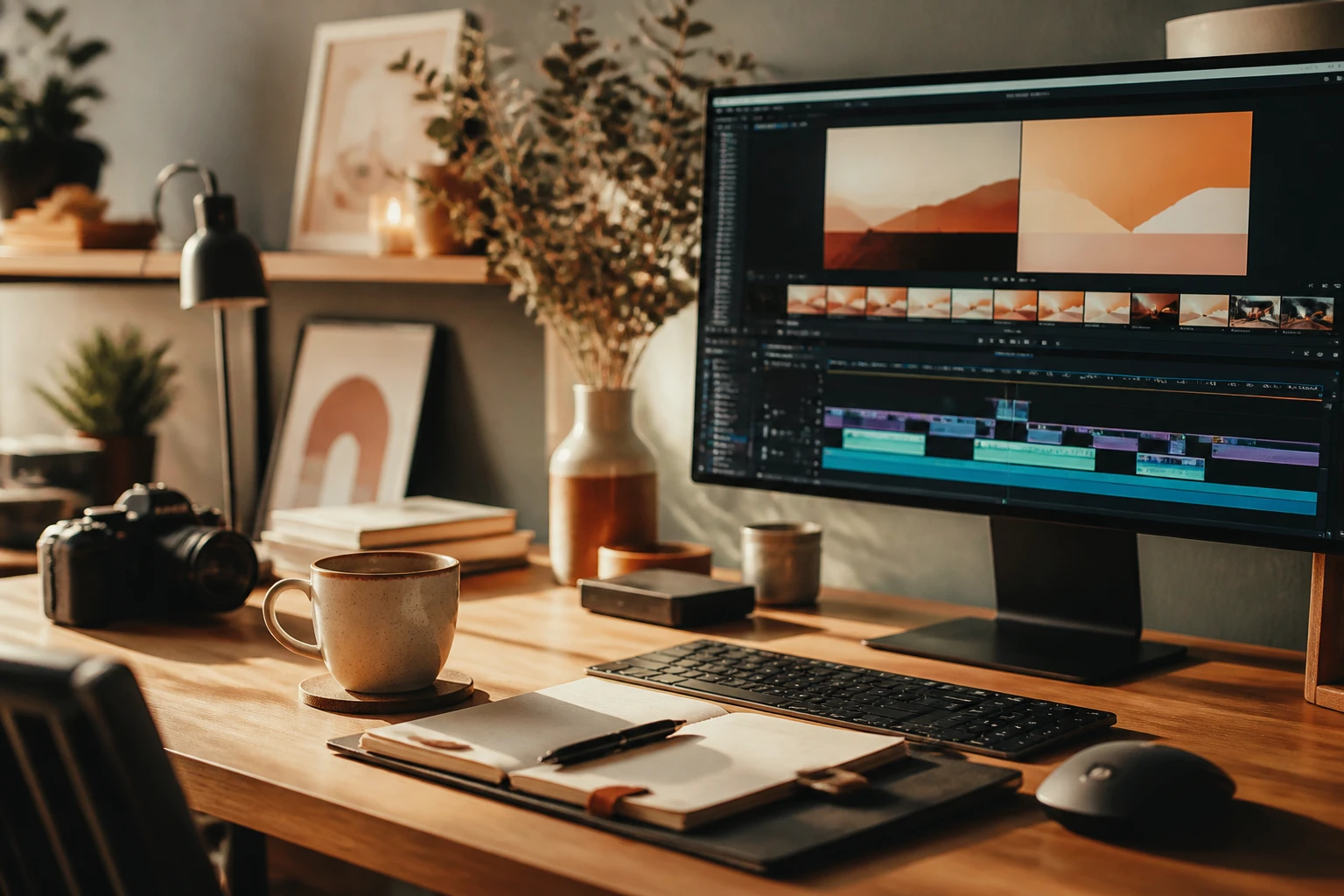 Editorial workspace shot with a video timeline on screen and footage thumbnails