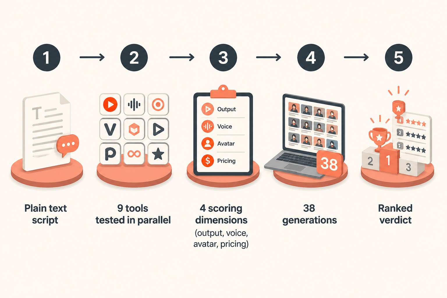 Five-step methodology diagram: script input, nine tools, four scoring dimensions, output