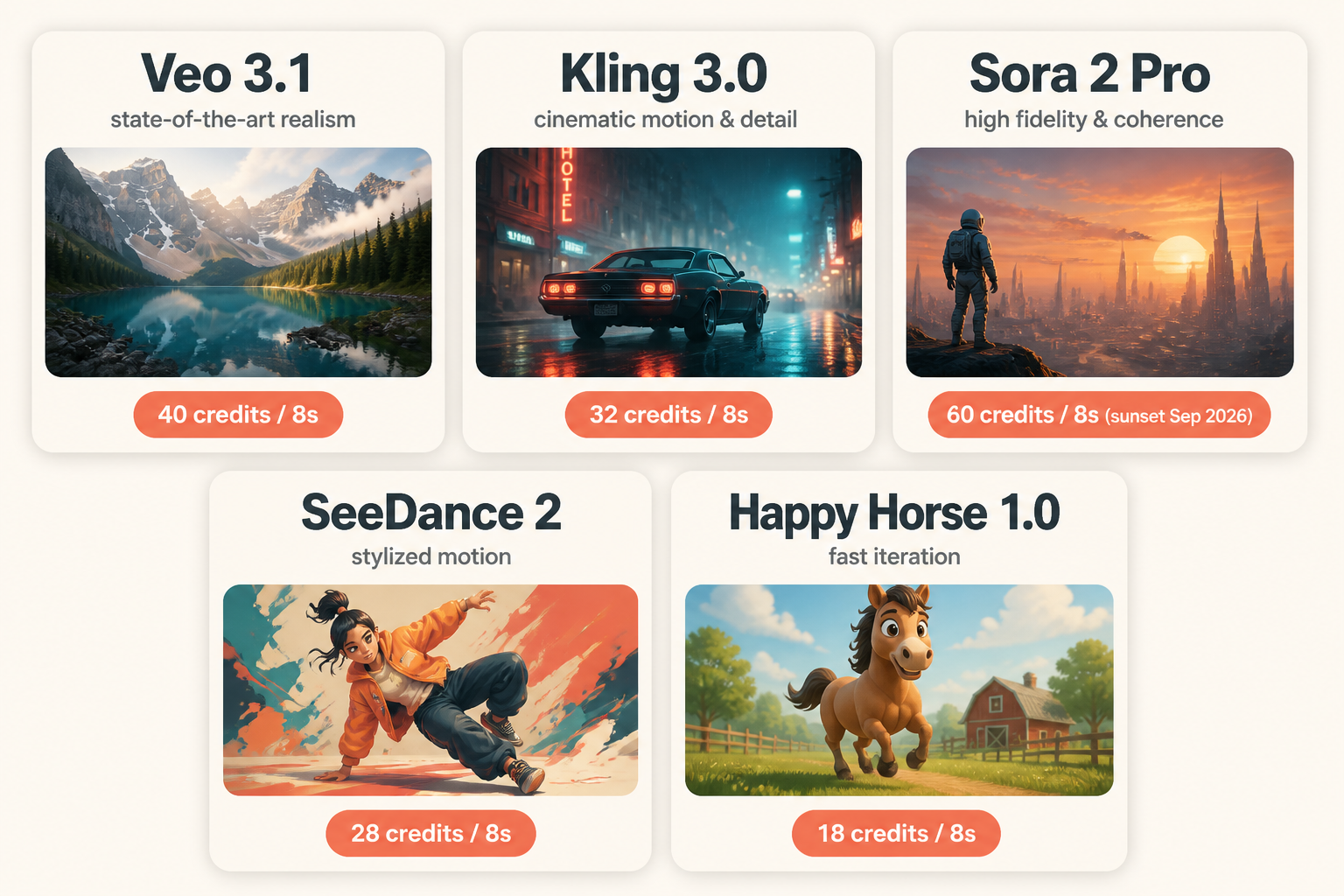 Five frontier video models on Lumigen Ultra with credit costs per 8-second clip