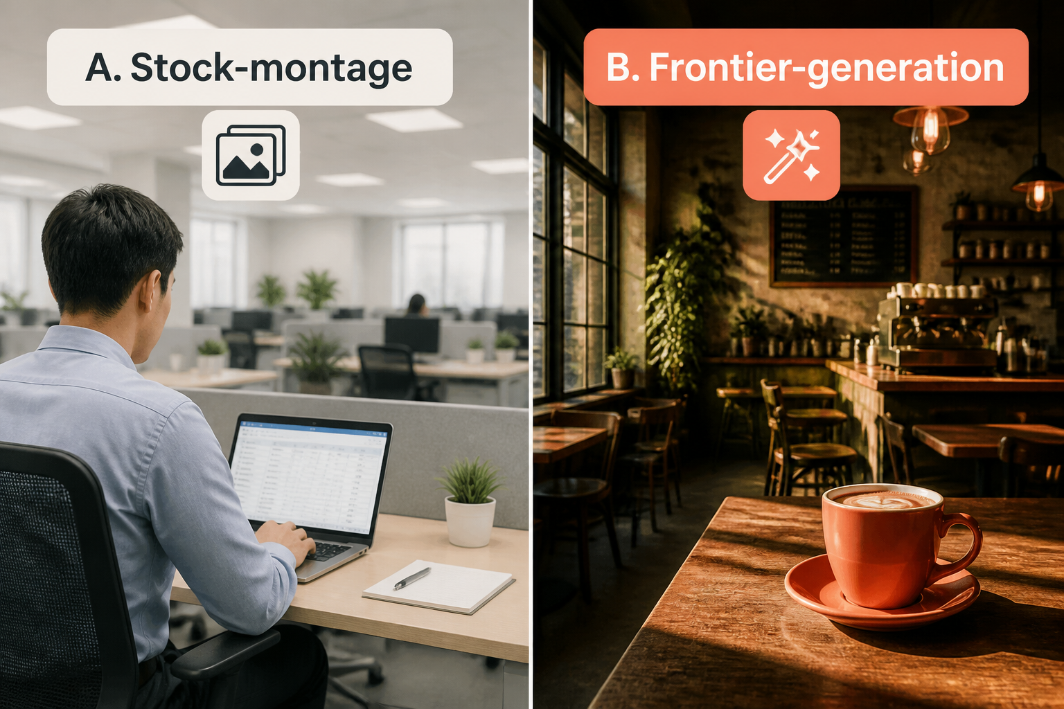 Split-frame: generic stock-photo office on left, cinematic coffee shop scene on right