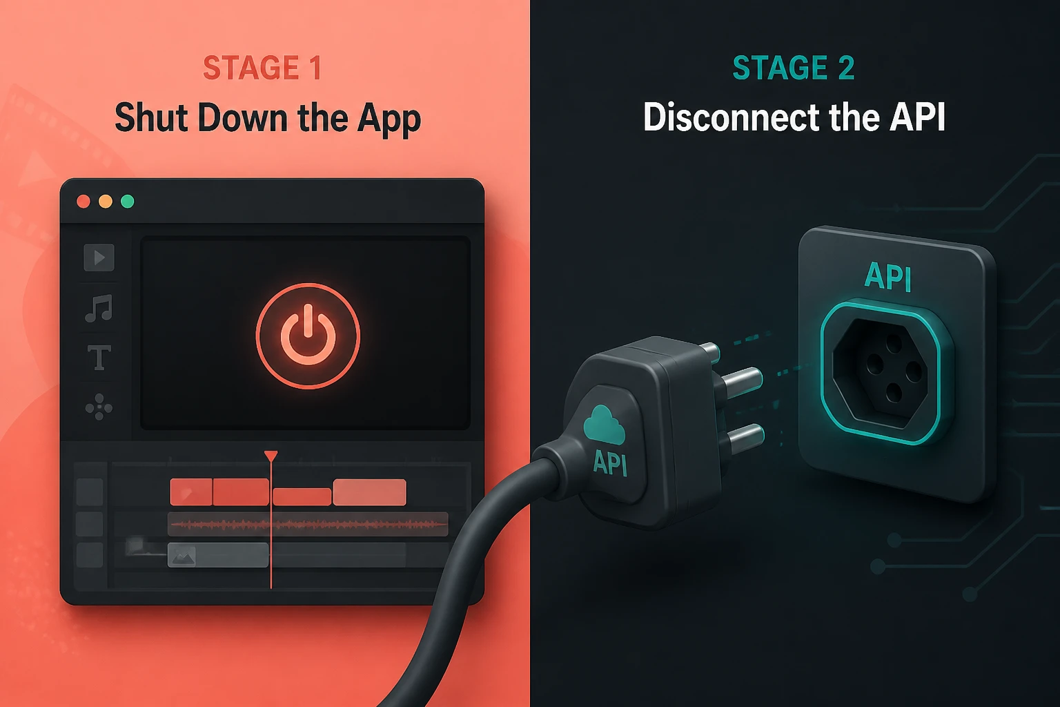 split-frame: a consumer app going dark on one side, an API endpoint switching off on the other, showing a two-stage shutdown