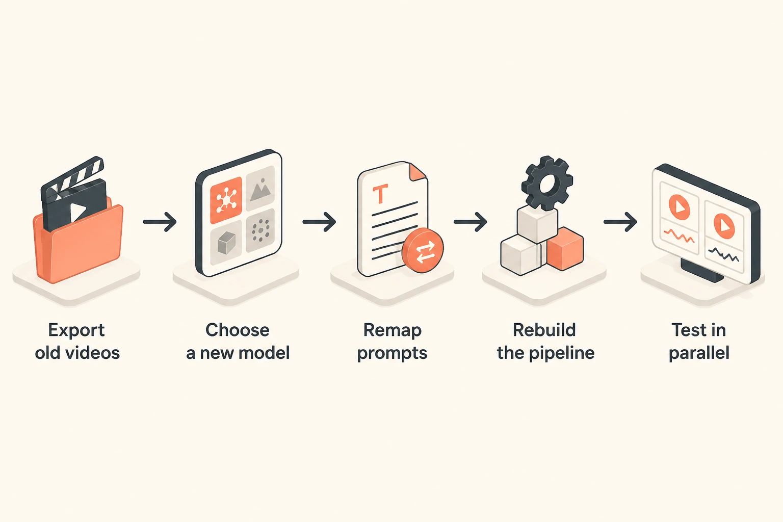 workflow diagram: export Sora content, choose a new model, remap prompts, rebuild the pipeline