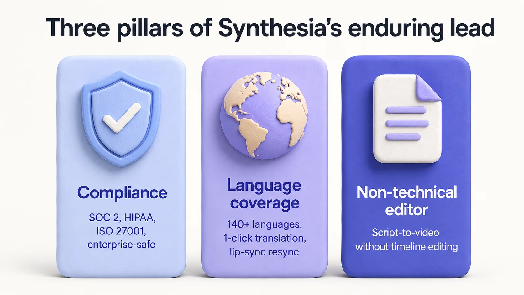 Three pillars of Synthesia's enduring lead — compliance, language coverage, and a non-technical editor.