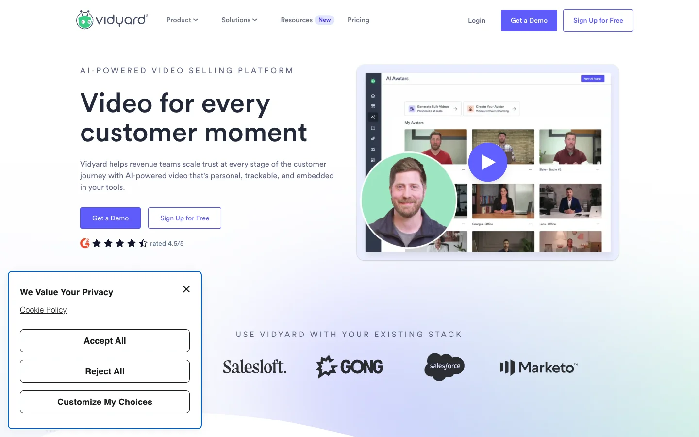 Vidyard outreach dashboard with AI avatar personalization for sales emails