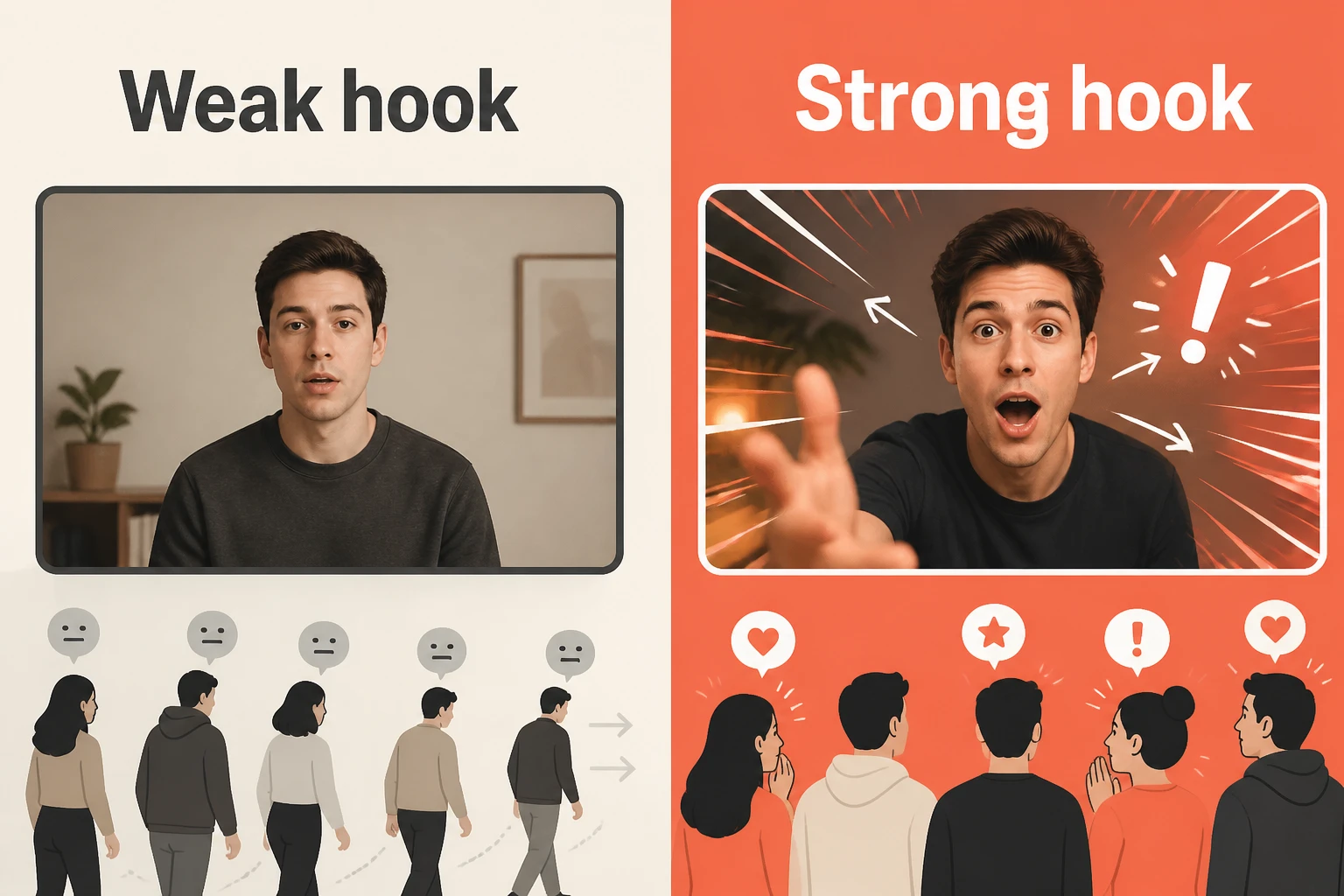 split-frame comparing a weak static hook with a strong dynamic hook