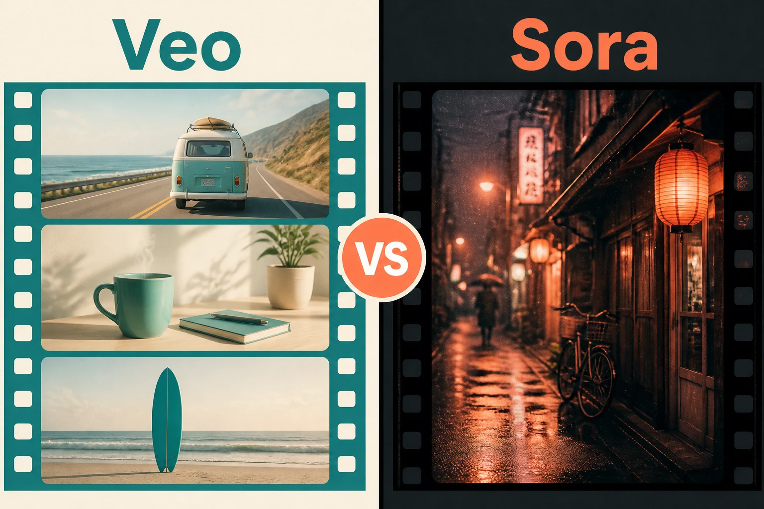 split-frame illustration contrasting Google Veo and OpenAI Sora as two rival AI video models