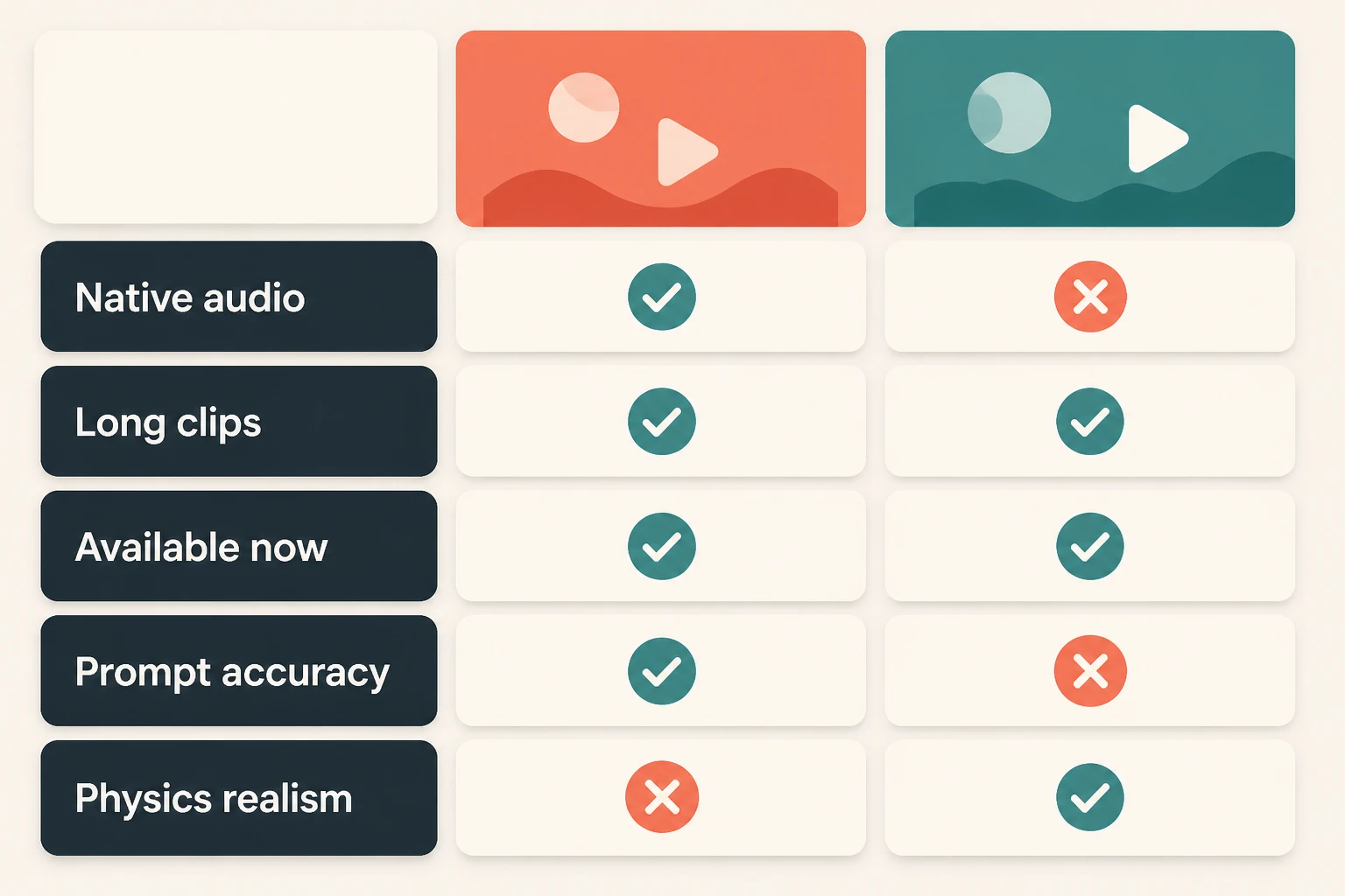 capability matrix comparing two AI video models across audio, clip length, availability and realism