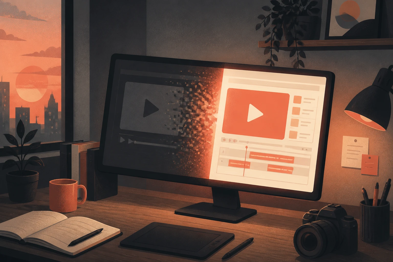 narrative illustration of a fading video app on a monitor while a brighter tool lights up beside it