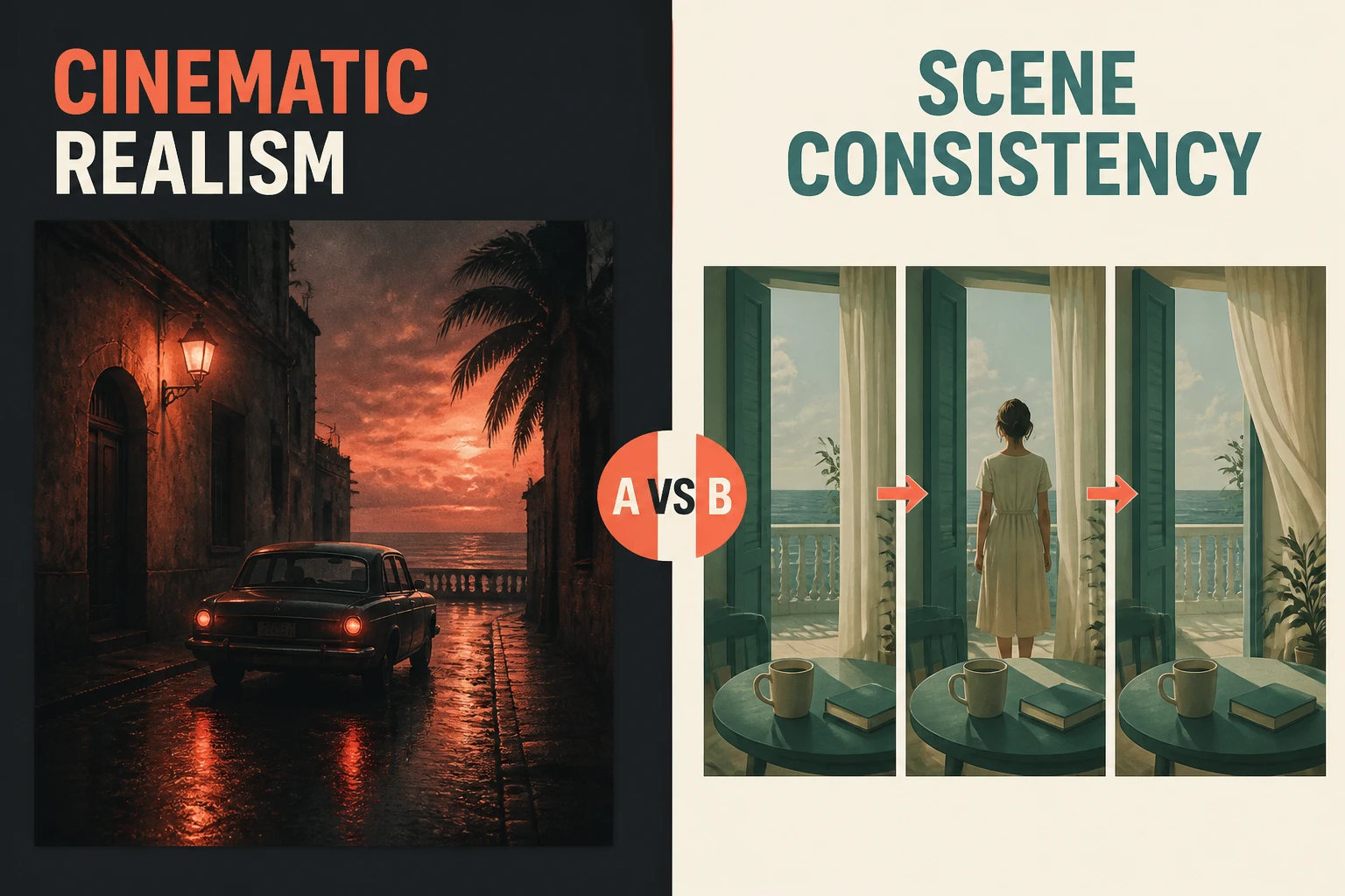 split-frame comparing one cinematic realism frame against a row of consistent story frames