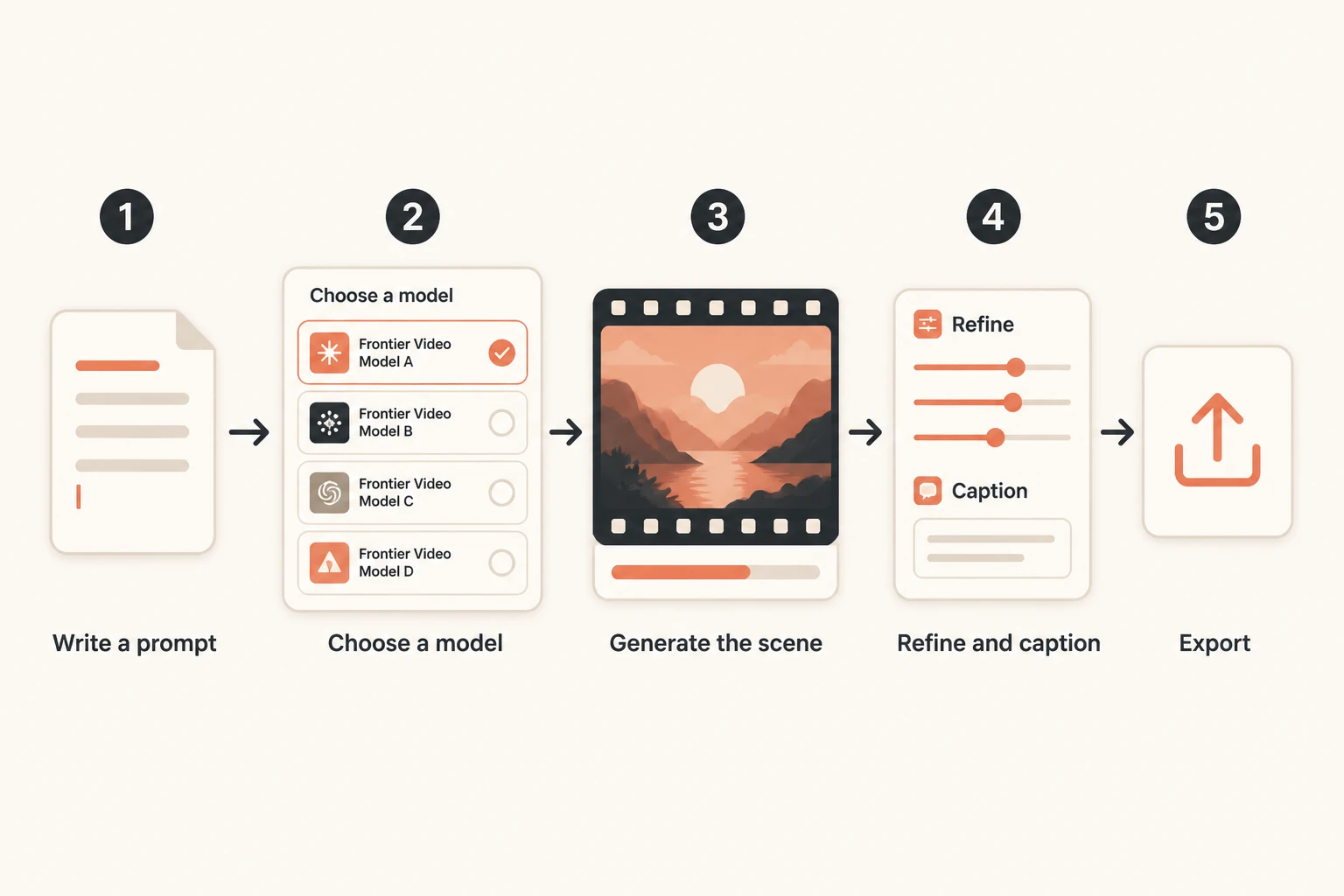 workflow diagram showing a creator selecting a frontier model from a picker and exporting a finished video