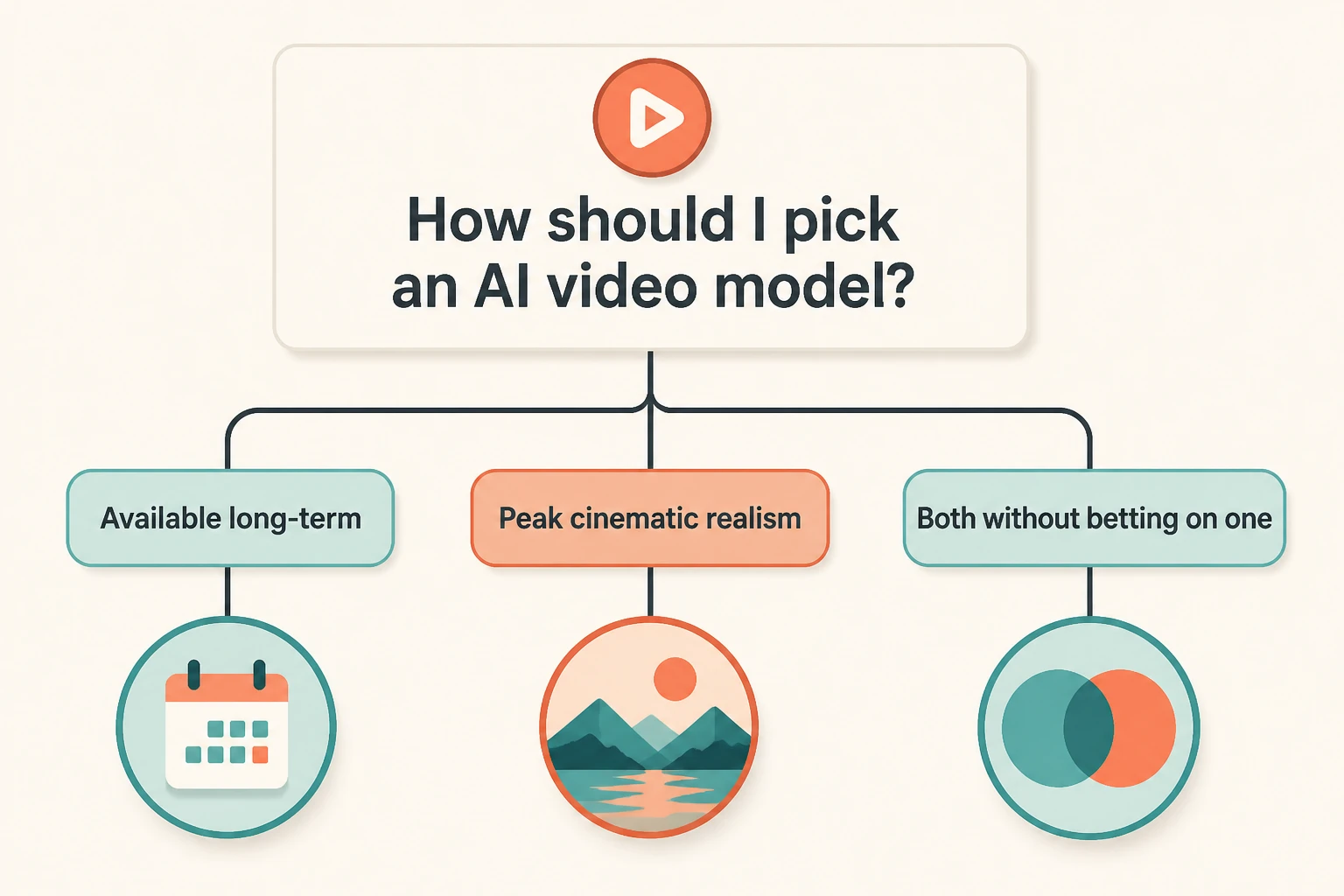 decision-framework infographic with three branches for choosing an AI video model